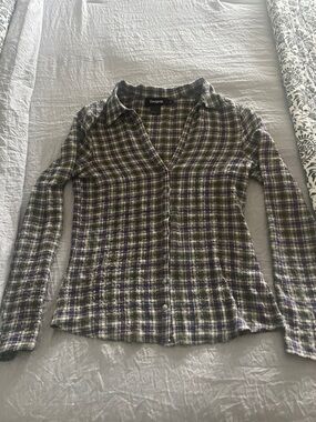 Desigual Plaid Button-Down Shirt in Purple and Green